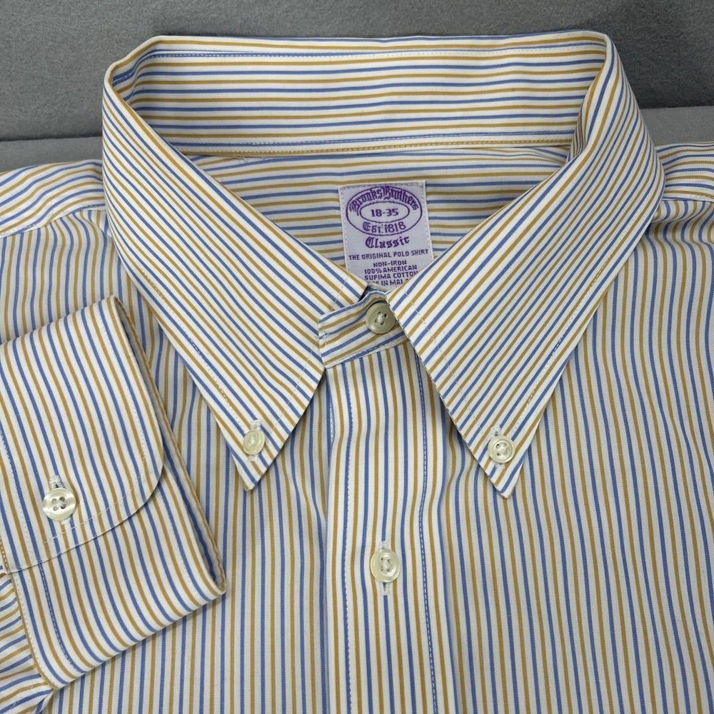 Brooks Brothers Classic Button-Down Shirt Men's 18-35 Blue Gold Mustard Striped